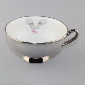 Syracuse China Coronet Pattern Footed Coffee Tea Cup - Gray Feathers w/ Pink Bow